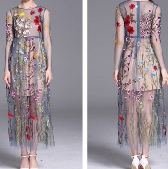 BLUEOXY Floral Embroidered Sheer Gray Mesh Dress Overlay - Size XS/S ** FLAWED - Picture 2 of 16